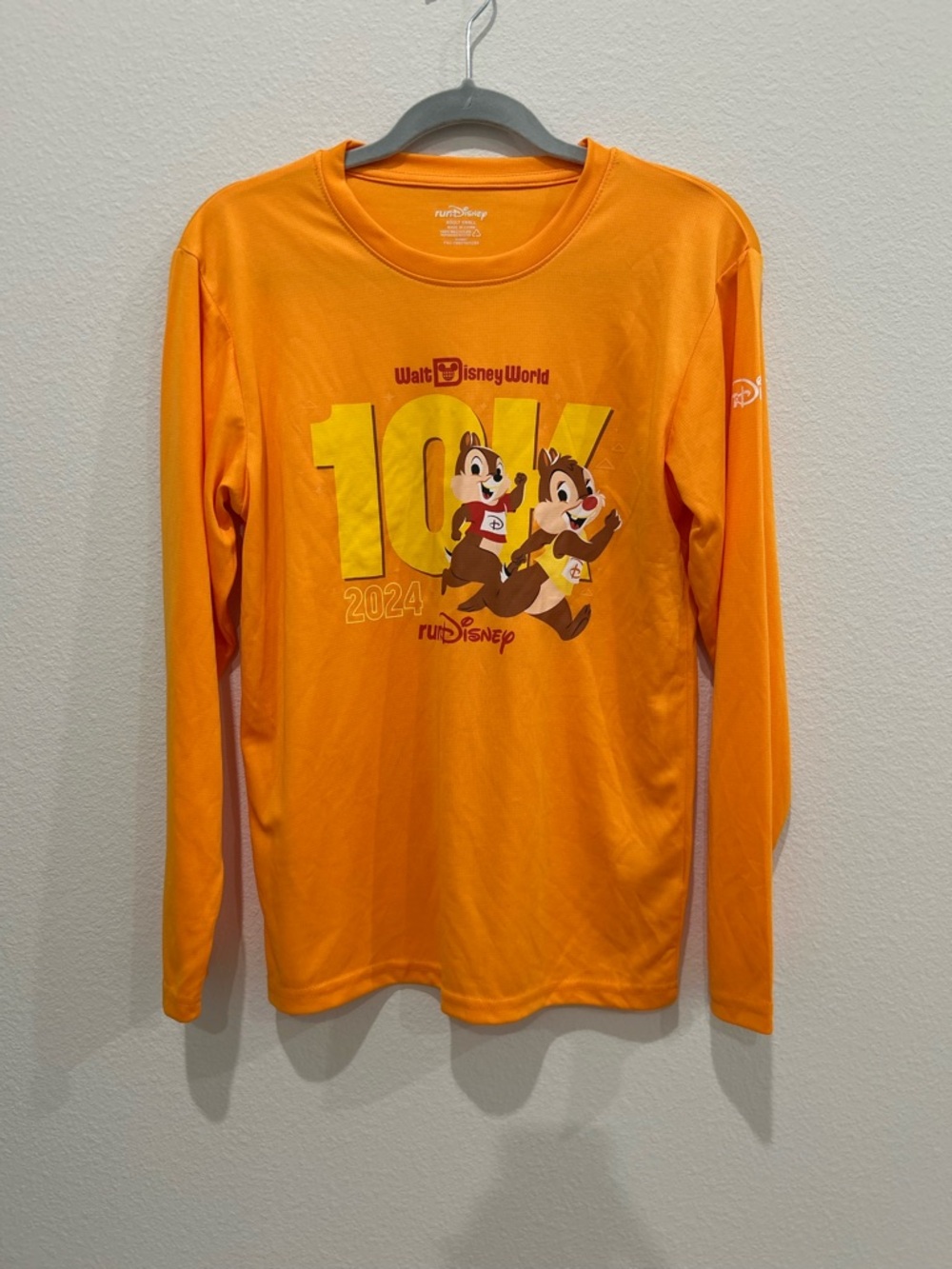 Disney Orange Long Sleeve 10K Run Shirt with Chip 'n' Dale Graphic, size small